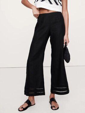 NWT!! Banana Republic Black Euro Linen Kick-Flare Lace-Trim Ankle Pant 8R